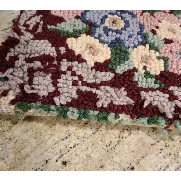 Vintage Wool Hook Handmade Floral Victorian Pillow 17x15" Red Pink Blue Green - Picture 4 of 12